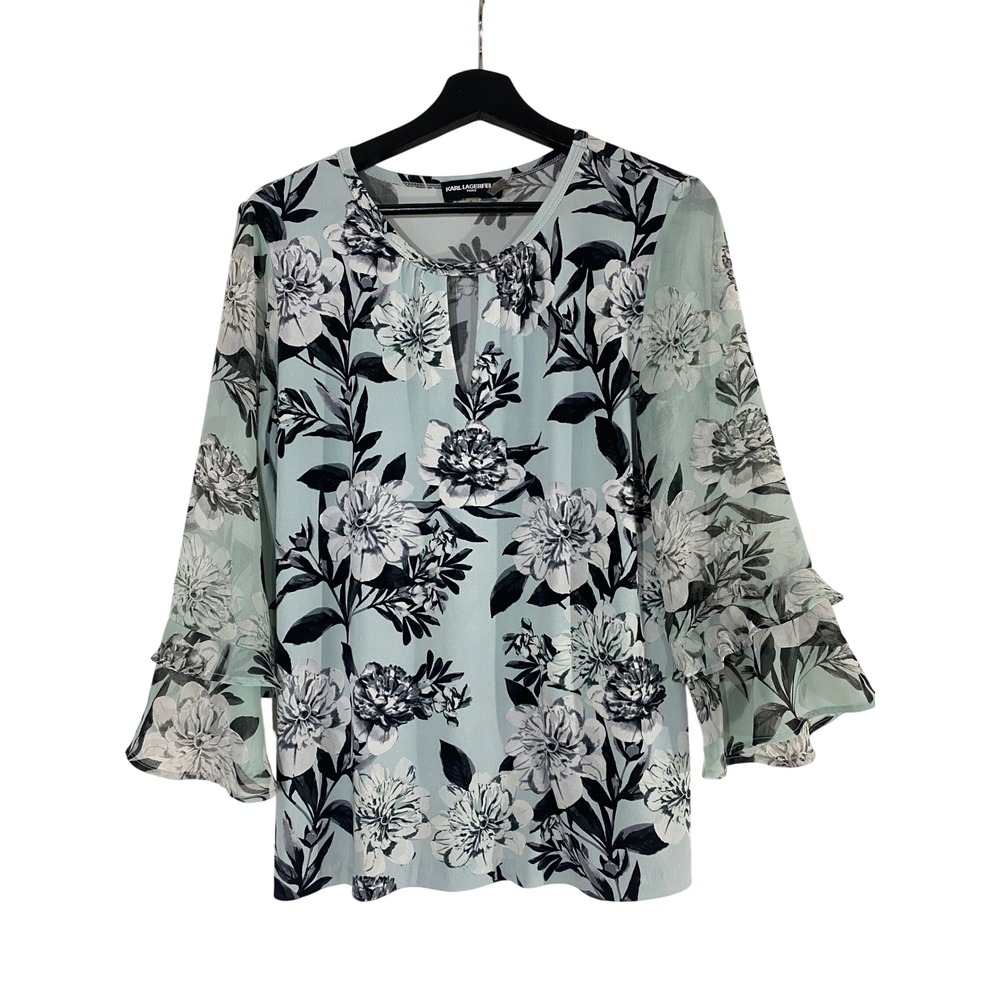 Karl Lagerfeld Paris Blouse Women S Green Excellent Floral Ruffle Bell Sleeve